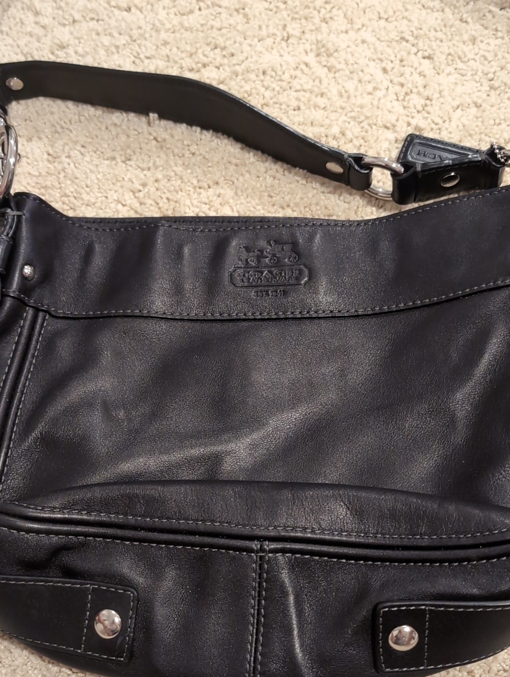 Coach Black Leather Messenger Bag with Silver-Tone Hardware
